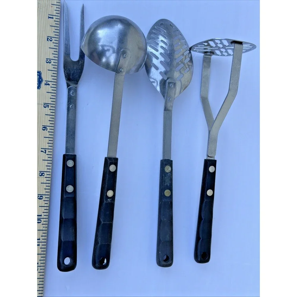 Vintage utensil set Slotted Spoon Ladle Stainless Spoon fork USA MCM black handl